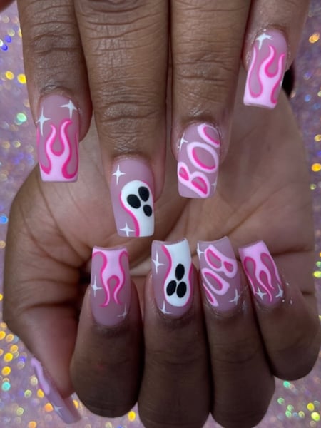 Image of  Nails, Acrylic, Nail Finish, Short, Nail Length, Pink, Nail Color, Accent Nail, Nail Style, Hand Painted, Nail Art, Square, Nail Shape