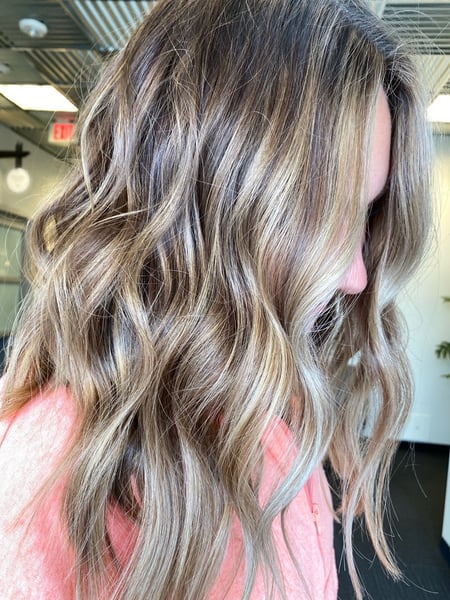Image of  Women's Hair, Blowout, Hair Color, Balayage, Blonde, Brunette Hair, Foilayage, Highlights, Long Hair (Upper Back Length), Hair Length, Layers, Haircut, Beachy Waves, Hairstyle