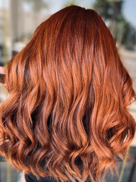 Image of  Women's Hair, Hair Color, Red, Full Color, Balayage, Medium Length, Hair Length, Layered, Haircuts, Beachy Waves, Hairstyles