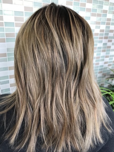 Image of  Women's Hair, Foilayage, Hair Color, Medium Length, Hair Length, Curly, Hairstyles, Layered, Haircuts, Keratin, Permanent Hair Straightening, Blowout