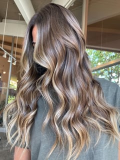 View Women's Hair, Hair Color, Balayage, Brunette, Foilayage, Highlights, Beachy Waves, Hairstyles - Tiffany Mae, San Diego, CA