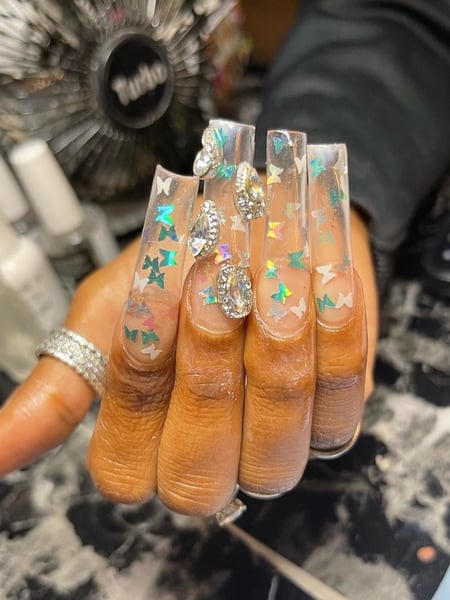 Image of  Nails, Acrylic, Nail Finish, XL, Nail Length, Clear, Nail Color, Glass, Glitter, Jewels, Nail Style, Stickers, Coffin, Nail Shape, Square