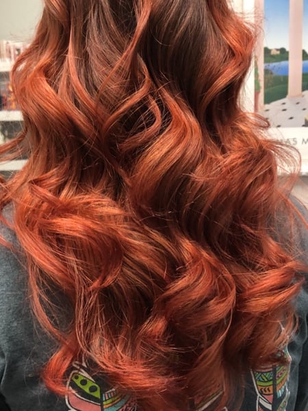 Image of  Women's Hair, Hair Color, Balayage, Highlights, Red, Hair Length, Long, Layered, Haircuts, Hairstyles, Curly