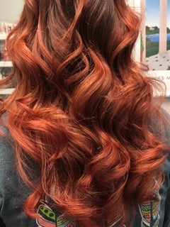View Women's Hair, Hair Color, Balayage, Highlights, Red, Hair Length, Long, Layered, Haircuts, Hairstyles, Curly - Julie Roohi, Wake Forest, NC