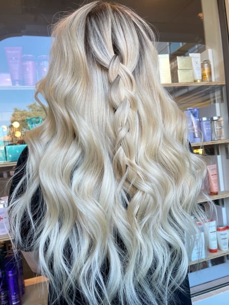 Image of  Women's Hair, Balayage, Hair Color, Blonde, Color Correction, Full Color, Highlights, Foilayage, Silver, Long, Hair Length, Haircuts, Layered, Beachy Waves, Hairstyles, Boho Chic Braid, Bridal, Curly, Hair Extensions, Weave