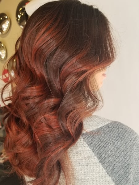 Image of  Women's Hair, Balayage, Hair Color, Brunette, Red, Beachy Waves, Hairstyles