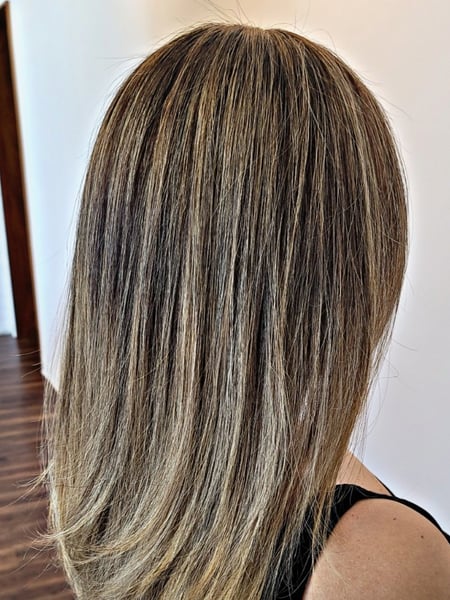 Image of  Women's Hair, Hair Color, Blowout, Balayage, Blonde, Foilayage, Color Correction, Highlights, Hair Length, Medium Length, Long, Haircuts, Layered, Hairstyles, Straight