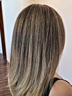 View Straight, Hairstyle, Layers, Haircut, Long Hair (Mid Back Length), Long Hair (Upper Back Length), Hair Length, Highlights, Color Correction, Foilayage, Blonde, Balayage, Blowout, Hair Color, Women's Hair - Kristi Salvato, Houston, TX