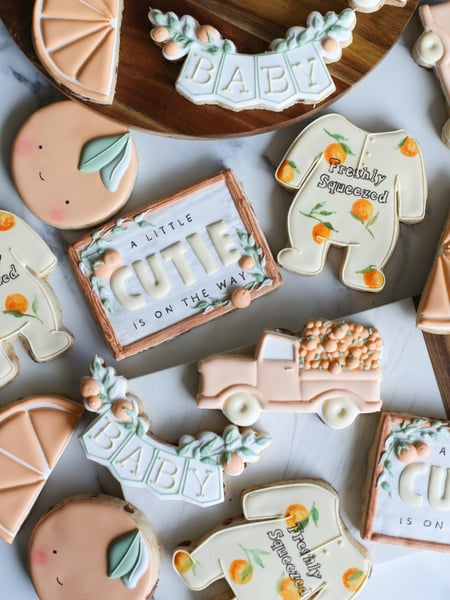 Image of  Cookies, Occasion, Congratulations, Baby Shower, Color, Green, Orange, White, Theme, Baby