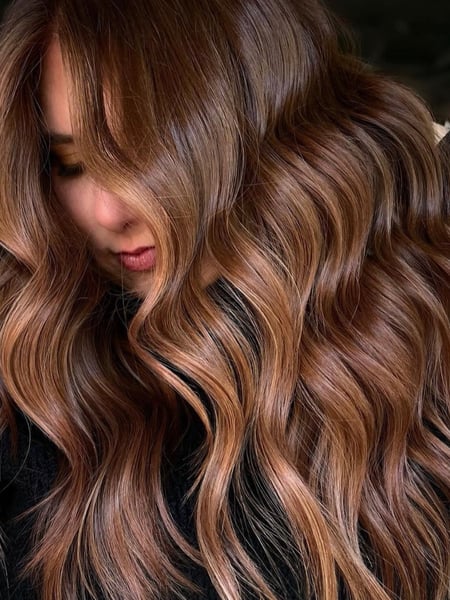 Image of  Women's Hair, Balayage, Hair Color, Brunette, Long, Hair Length, Layered, Haircuts, Beachy Waves, Hairstyles