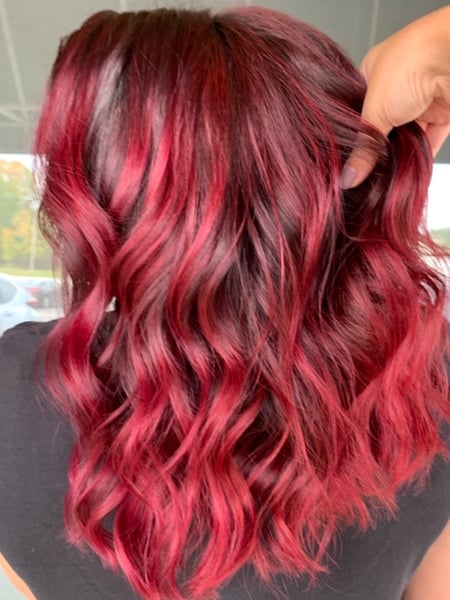 Image of  Women's Hair, Blowout, Hair Color, Balayage, Red, Hair Length, Medium Length, Layered, Haircuts, Hairstyles, Beachy Waves