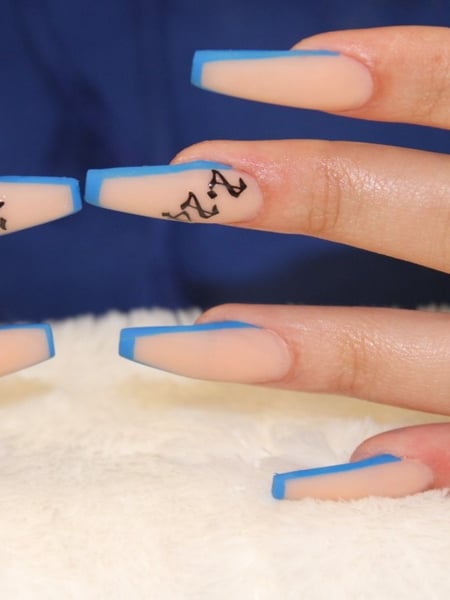 Image of  Nails, Acrylic, Nail Finish, Gel, Nail Length, Long, Beige, Nail Color, Blue, Matte, Accent Nail, Nail Style, French Manicure, Hand Painted, Nail Art, Stickers, Nail Shape, Medium, Coffin, Square