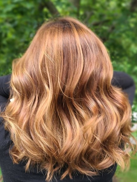 Image of  Women's Hair, Balayage, Hair Color, Brunette, Foilayage, Highlights, Red, Shoulder Length, Hair Length, Layered, Haircuts, Beachy Waves, Hairstyles, Curly