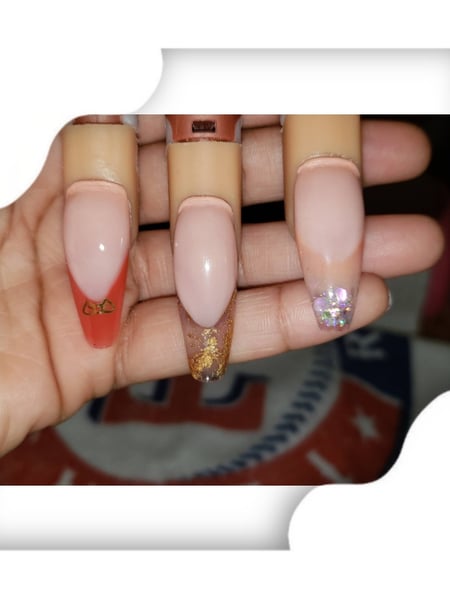 Image of  Long, Nail Length, Nails, Nail Art, Nail Style, French Manicure, Reverse French, Ombré, Mix-and-Match, Acrylic, Nail Finish, Coffin, Nail Shape, Red, Nail Color, Gold
