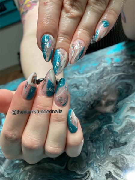 Image of  Nails, White, Gel, Hand Painted, Almond, Color Block, Nail Style, Nail Color, Nail Length, Manicure, Nail Finish, Metallic, Mix-and-Match, Short, Accent Nail, Beige, Nail Shape, Nail Service Type