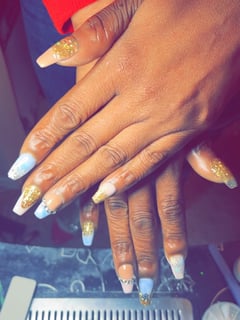 View Nails, Nail Finish, Acrylic, Medium, Nail Length, Gold, Nail Color, Clear, Pastel, Mix-and-Match, Nail Style, Ombré, Coffin, Nail Shape - Lexx Jackson, 