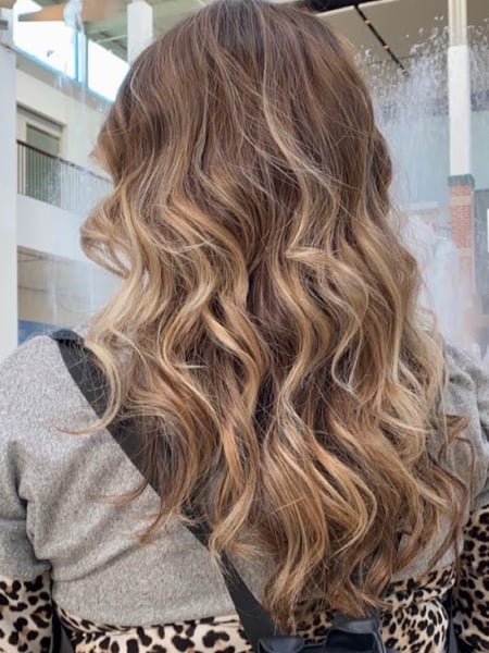 Image of  Women's Hair, Blowout, Hair Color, Balayage, Brunette, Blonde, Foilayage, Full Color, Highlights, Hair Length, Medium Length, Haircuts, Layered, Hairstyles, Beachy Waves