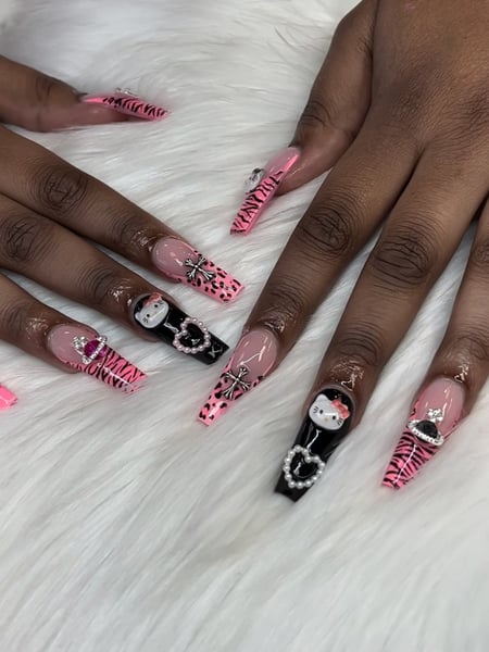 Image of  French Manicure, Nail Finish, Long, Mix-and-Match, Nail Shape, Nail Service Type, Nails, Nail Art, Acrylic, Pink, Black, 3D, Hand Painted, Coffin, Nail Style, Nail Color, Nail Length, Manicure