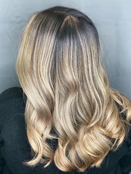 Image of  Long, Hair Length, Women's Hair, Blowout, Hairstyles, Curly, Layered, Haircuts, Color Correction, Hair Color, Ombré, Blonde, Balayage
