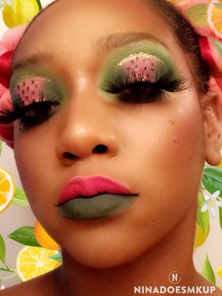 Image of  Makeup, Brown, Skin Tone, Glam Makeup, Look, Glitter, Colors, Green, Pink, Red