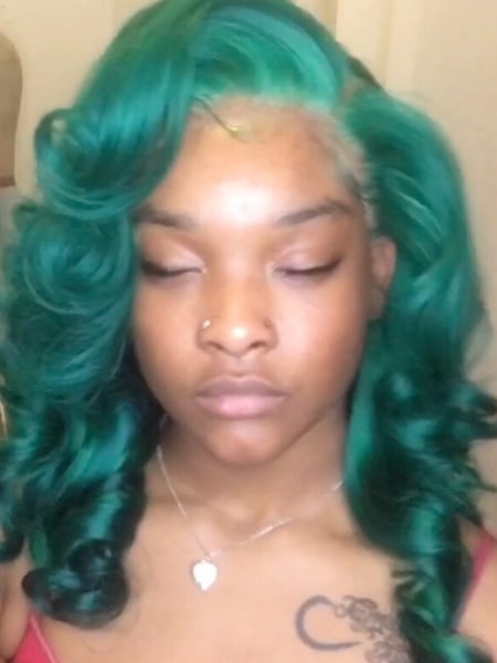 Image of  Women's Hair, Hair Color, Full Color, Medium Length, Hair Length, Curly, Haircuts, Layered, Braids (African American), Hairstyles, Curly, Hair Extensions, Protective, Wigs, Weave, Fashion Color, Green, Colors
