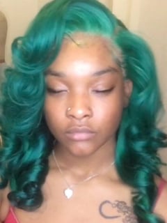 View Women's Hair, Hair Color, Full Color, Medium Length, Hair Length, Curly, Haircuts, Layered, Braids (African American), Hairstyles, Curly, Hair Extensions, Protective, Wigs, Weave, Fashion Color, Green, Colors - SheQuita Renee’, Atlanta, GA