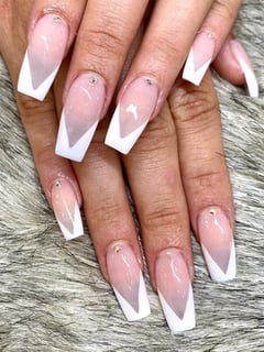 View Nail Art, Nail Jewels, Nails, Glitter, Nail Color, Beige, White, Gel, Nail Finish, Long, Nail Length, Squoval, Nail Shape, French Manicure, Nail Style - Michelle Jenner, Houston, TX