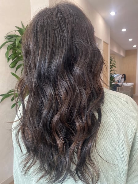 Image of  Balayage, Brunette, Blowout, Long, Hairstyles, Beachy Waves, Women's Hair, Hair Color, Highlights, Hair Length, Black