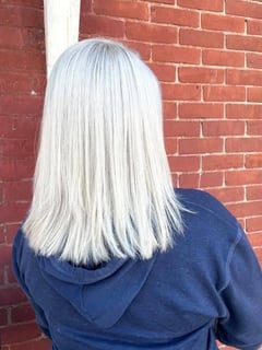View Women's Hair, Hairstyle, Straight, Haircut, Blunt (Women's Haircut), Shoulder Length Hair, Hair Length, Full Color, Blonde, Hair Color - Ashley Ewing, Terre Haute, IN