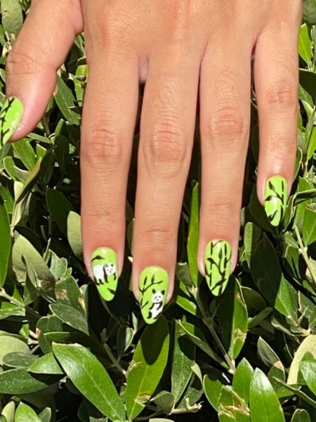 Image of  Nails, Gel, Nail Finish, Nail Length, Short, Green, Nail Color, Light Green, Black, White, Hand Painted, Nail Style, Nail Art, Almond, Nail Shape