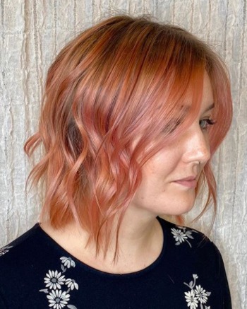 Image of  Women's Hair, Balayage, Hair Color, Red, Shoulder Length, Hair Length, Blunt, Haircuts, Layered