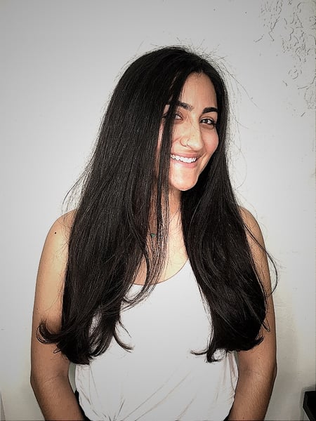 Image of  Haircuts, Women's Hair, Layered, Blunt, Blowout, Permanent Hair Straightening, Keratin, Hairstyles, Straight, Hair Extensions, Natural, Hair Color, Brunette, Full Color, Color Correction, Black, Long, Hair Length, Medium Length, Hair Restoration