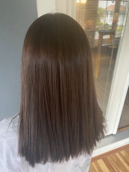 Image of  Women's Hair, Blowout, Brunette Hair, Hair Color, Color Correction, Hair Length, Shoulder Length Hair, Straight, Hairstyle