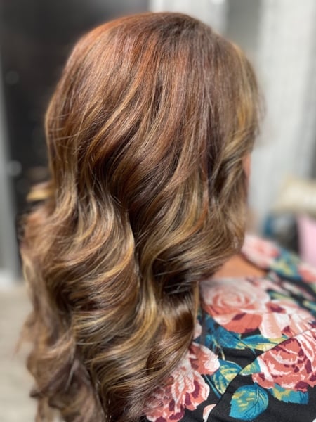 Image of  Women's Hair, Blowout, Hair Color, Balayage, Brunette, Color Correction, Foilayage, Highlights, Ombré, Red, Medium Length, Hair Length, Long, Haircuts, Layered
