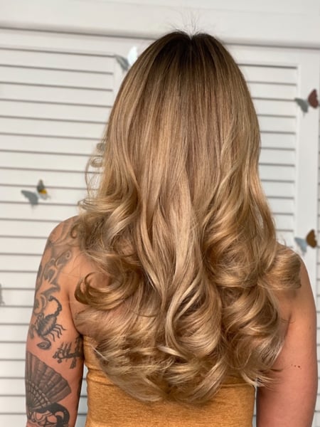 Image of  Women's Hair, Blowout, Hair Color, Balayage, Blonde, Foilayage, Color Correction, Hair Length, Long, Haircuts, Layered, Beachy Waves, Hairstyles, Curly, Straight