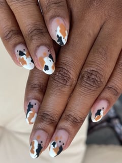 View Nails, Manicure, Gel, Nail Finish, Medium, Nail Length, Black, Nail Color, Brown, White, Hand Painted, Nail Style, Almond, Nail Shape, Round, Oval - Lisa Selenschek, Grayslake, IL