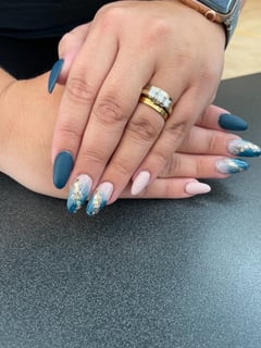 View Nails, Acrylic, Nail Finish, Gel, Medium, Nail Length, Blue, Nail Color, Glitter, Gold, Matte, Pink, Accent Nail, Nail Style, Ombré, Nail Art, Hand Painted, Almond, Nail Shape - Grace Thomsen, West Des Moines, IA