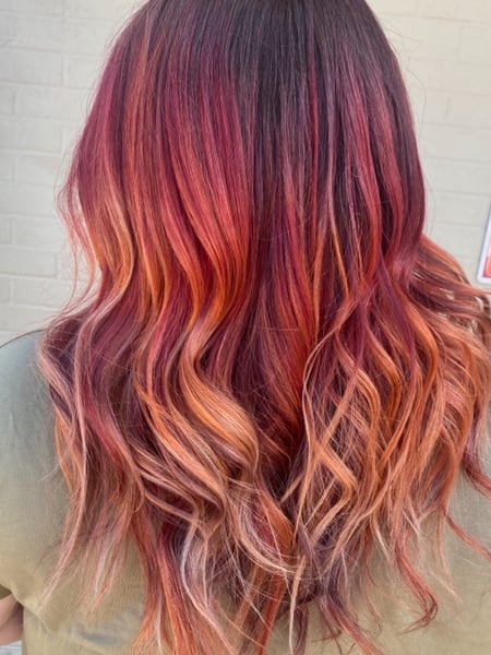 Image of  Women's Hair, Balayage, Hair Color, Fashion Color, Ombré, Red, Beachy Waves, Hairstyles, Curly