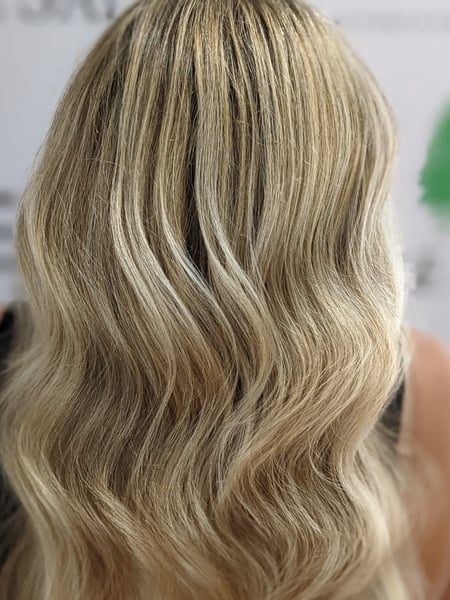 Image of  Women's Hair, Balayage, Hair Color, Blonde, Foilayage, Full Color, Highlights, Long, Hair Length, Layered, Haircuts, Beachy Waves, Hairstyles, Curly