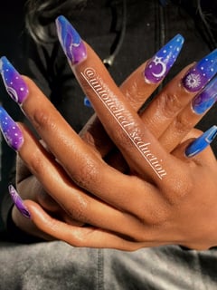 View Nails, Nail Length, Long, Nail Style, Hand Painted, Nail Art, Stickers, Blue, Nail Color, Gold, Purple, Acrylic, Nail Finish, Ballerina, Nail Shape, Coffin, Manicure - Untouched Seduction, Franklinton, NC