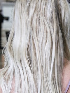 View Long Hair (Mid Back Length), Women's Hair, Blonde, Hair Color, Highlights, Hair Length, Haircut, Layers, Beachy Waves, Hairstyle - Savannah Curbelo, Fort Worth, TX