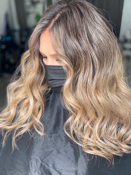Image of  Women's Hair, Blowout, Hair Color, Balayage, Medium Length, Hair Length, Curly, Hairstyles, Protective, Keratin, Permanent Hair Straightening, Hair Restoration, Color Correction, Fashion Color, Ombré