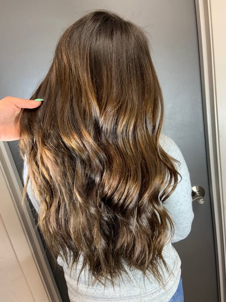 Image of  Long, Hair Length, Women's Hair, Blowout, Hairstyles, Hair Extensions, Curly, Weave, Beachy Waves, Layered, Haircuts, Keratin, Permanent Hair Straightening, Brunette, Hair Color, Foilayage, Highlights, Full Color, Color Correction, Balayage