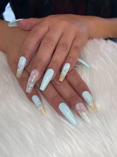 View Nails, Nail Finish, Gel, Nail Length, Long, Nail Color, Blue, Gold, White, Nail Art, Nail Style, Mix-and-Match, Stickers, Coffin, Nail Shape - Cheyenne Chapdelaine, Las Vegas, NV