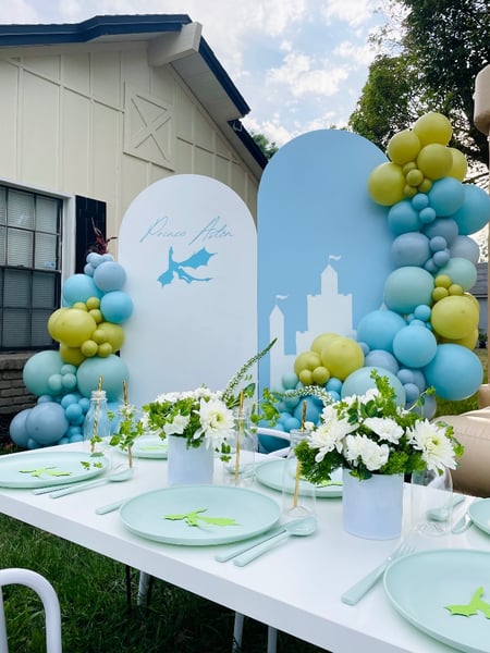 Image of  Balloon Decor, Arrangement Type, Balloon Garland, Balloon Arch, Event Type, Birthday, Colors, White, Blue, Green, Accents, Flowers