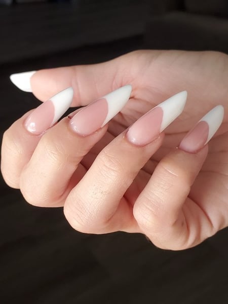 Image of  Nails, Acrylic, Nail Finish, Gel, Medium, Nail Length, Long, Pink, Nail Color, White, French Manicure, Nail Style, Hand Painted, Reverse French, Edge, Nail Shape, Almond, Stiletto