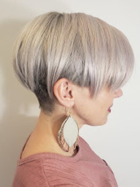 Image of  Bob, Haircuts, Women's Hair, Shaved, Blunt, Bangs, Silver, Hair Color, Fashion Color, Color Correction, Foilayage, Short Ear Length, Hair Length, Pixie