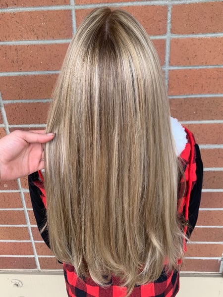 Image of  Long, Hair Length, Women's Hair, Blowout, Hairstyles, Hair Extensions, Straight, Layered, Haircuts, Keratin, Permanent Hair Straightening, Foilayage, Hair Color, Highlights, Blonde, Balayage