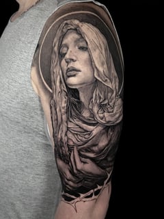 View Shoulder, Black & Grey, Portrait, Tattoos, Realism, Tattoo Bodypart, Tattoo Style, 3D - Etgar Oak, Massapequa, NY
