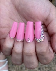 Image of  Nails, Pink, Nail Color, Nail Finish, Gel, Long, Nail Length, Coffin, Nail Shape, Nail Jewels, Nail Style
